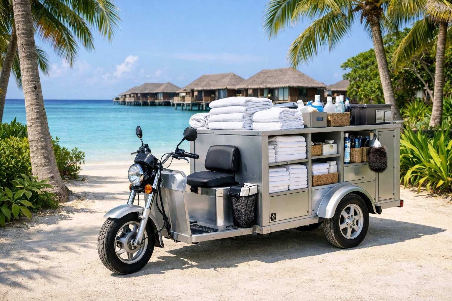 housekeeping efficiency tricycle parked on a sandy path at a luxury Maldives resort, loaded with supplies.