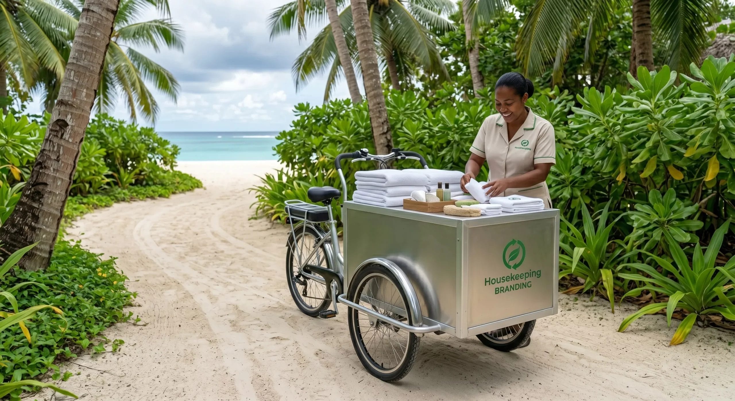 aluminium housekeeping tricycle coastal resort island rust-resistant hotel amenities procurement Southeast Asia