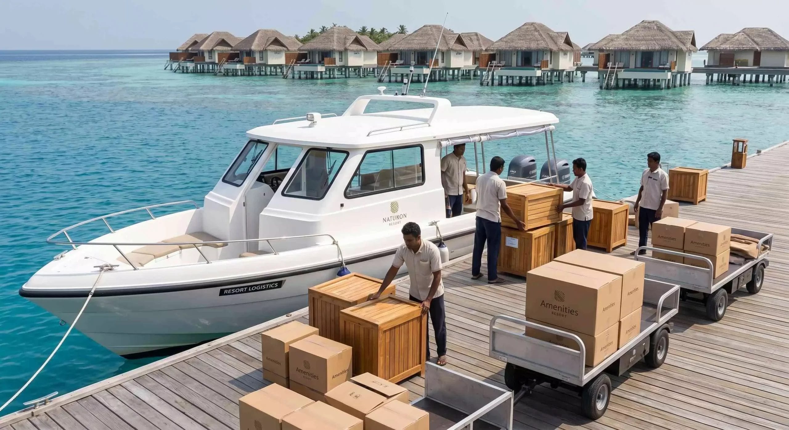 Maldives luxury resort hotel supplies island logistics speedboat cargo delivery jetty procurement