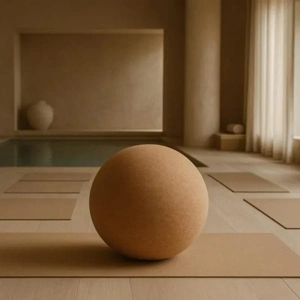 A luxury **cork-yoga-ball** designed for high-end resort wellness studios and spa guest experiences.