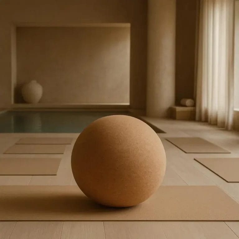A luxury **cork-yoga-ball** designed for high-end resort wellness studios and spa guest experiences.