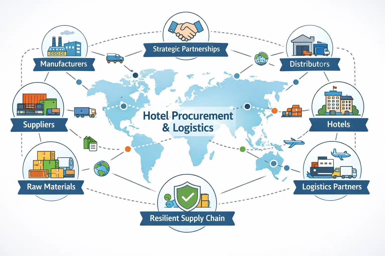 A global supply chain network diagram with interconnected nodes, symbolizing resilience and strategic partnerships in