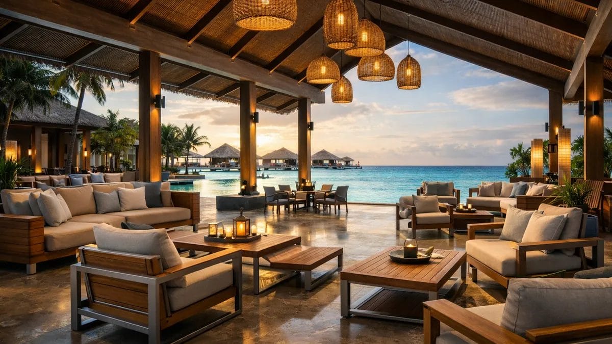 2026 Resort FF&E solutions for luxury resort lobbies with durable aluminum-framed furniture.