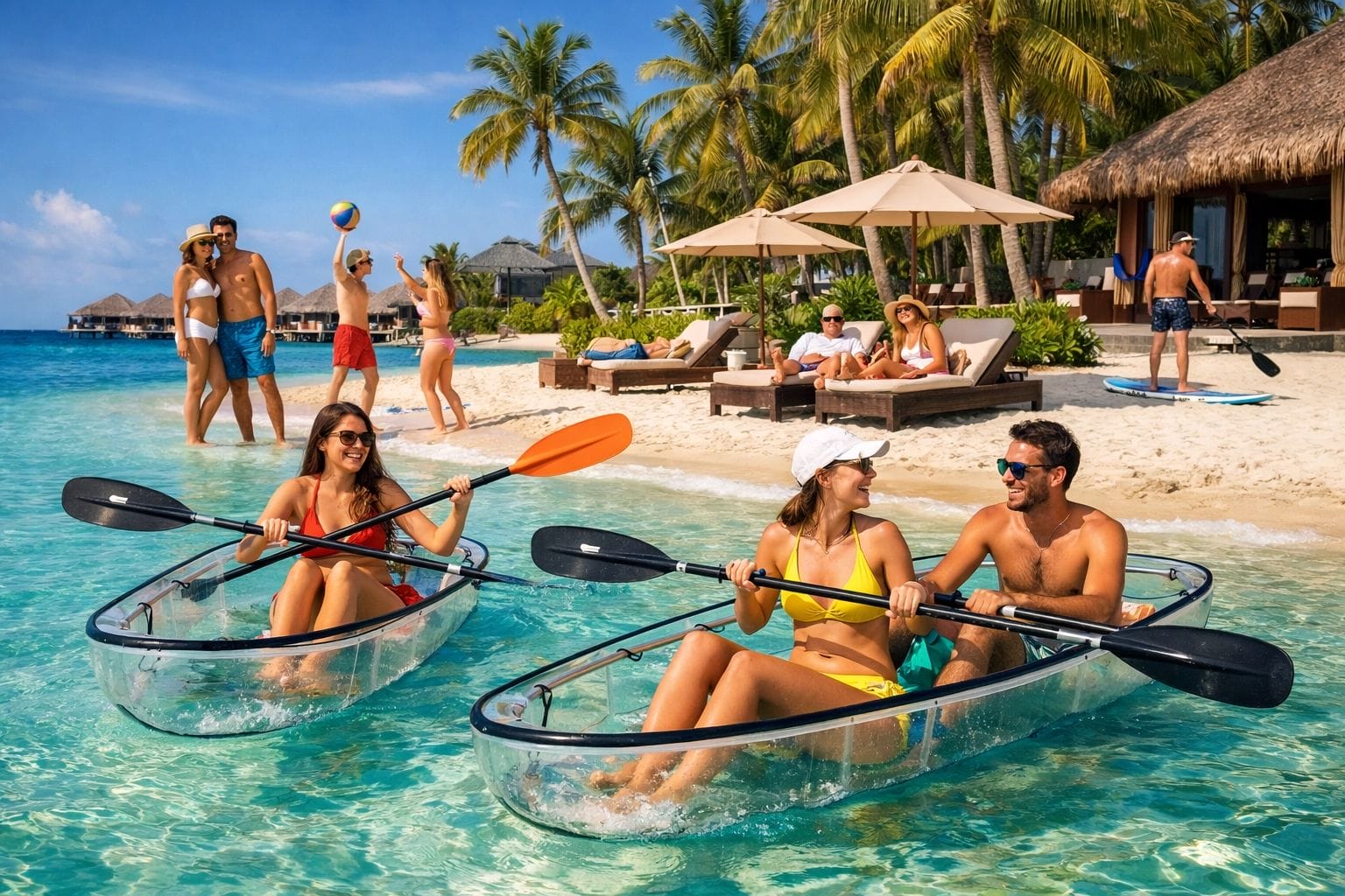 Happy guests enjoying water sports and transparent kayaks at a luxury beach resort.