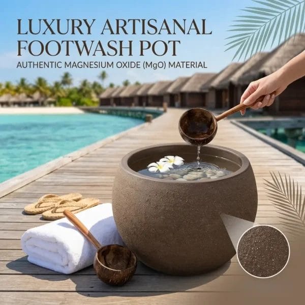 Traditional spa welcome ritual using a handcrafted Foot Wash Pot Water pots with herbal infusion.
