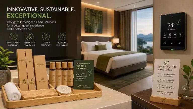 An image showcasing innovative and sustainable hotel products, such as eco-friendly amenities and smart technology, highlighting the future of hotel supply.