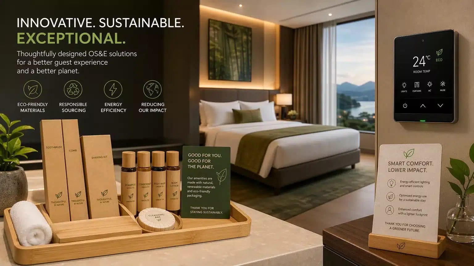 An image showcasing innovative and sustainable hotel products, such as eco-friendly amenities and smart technology, highlighting the future of hotel supply.