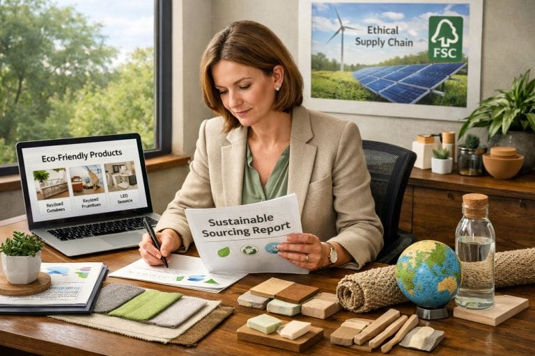 A hotel procurement manager reviewing sustainable sourcing options for OS&E and FF&E, emphasizing eco-friendly materials and ethical supply chains.