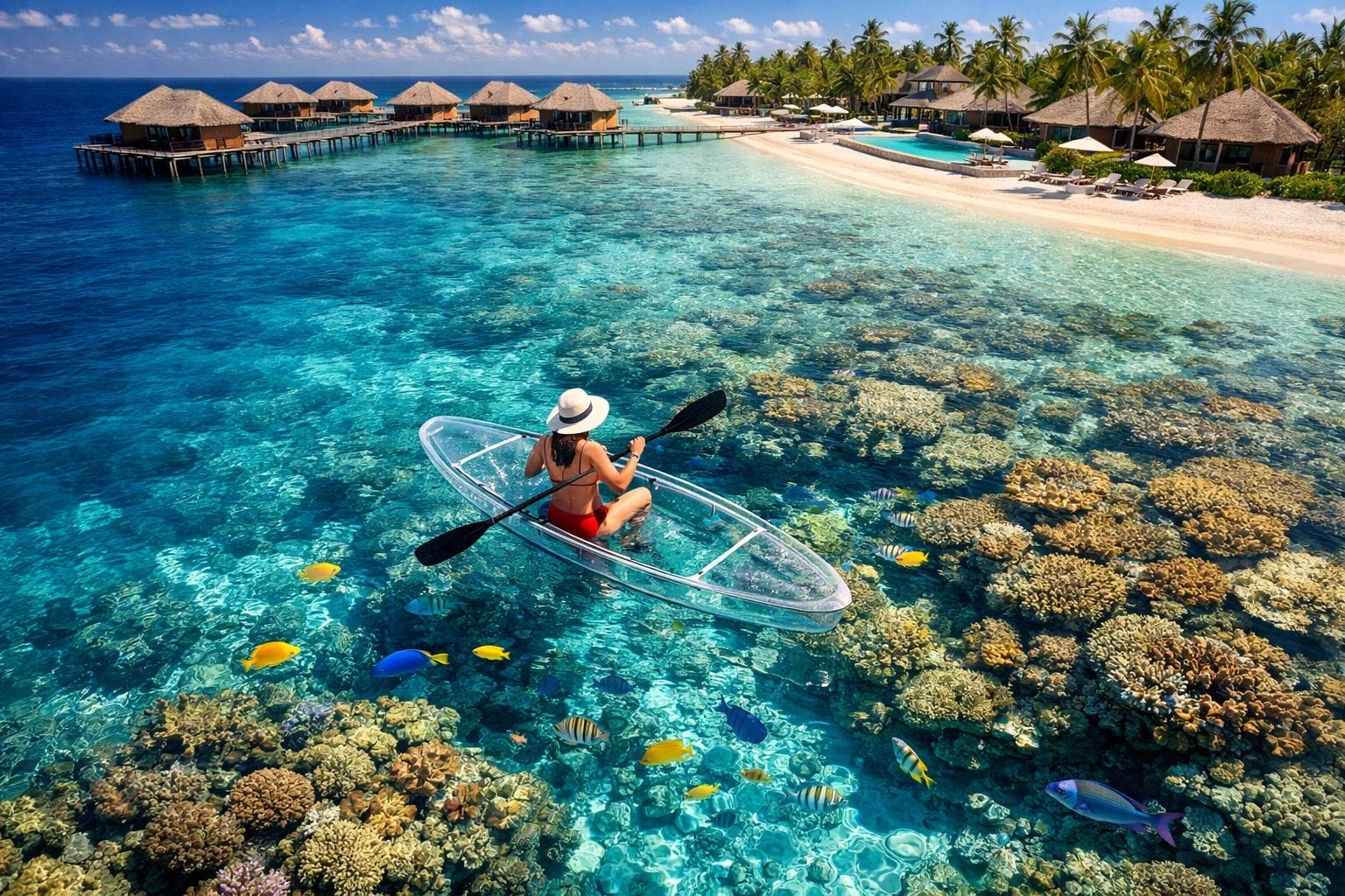 Luxury resort guest paddling a transparent kayak over a coral reef in the Maldives, drone perspective.