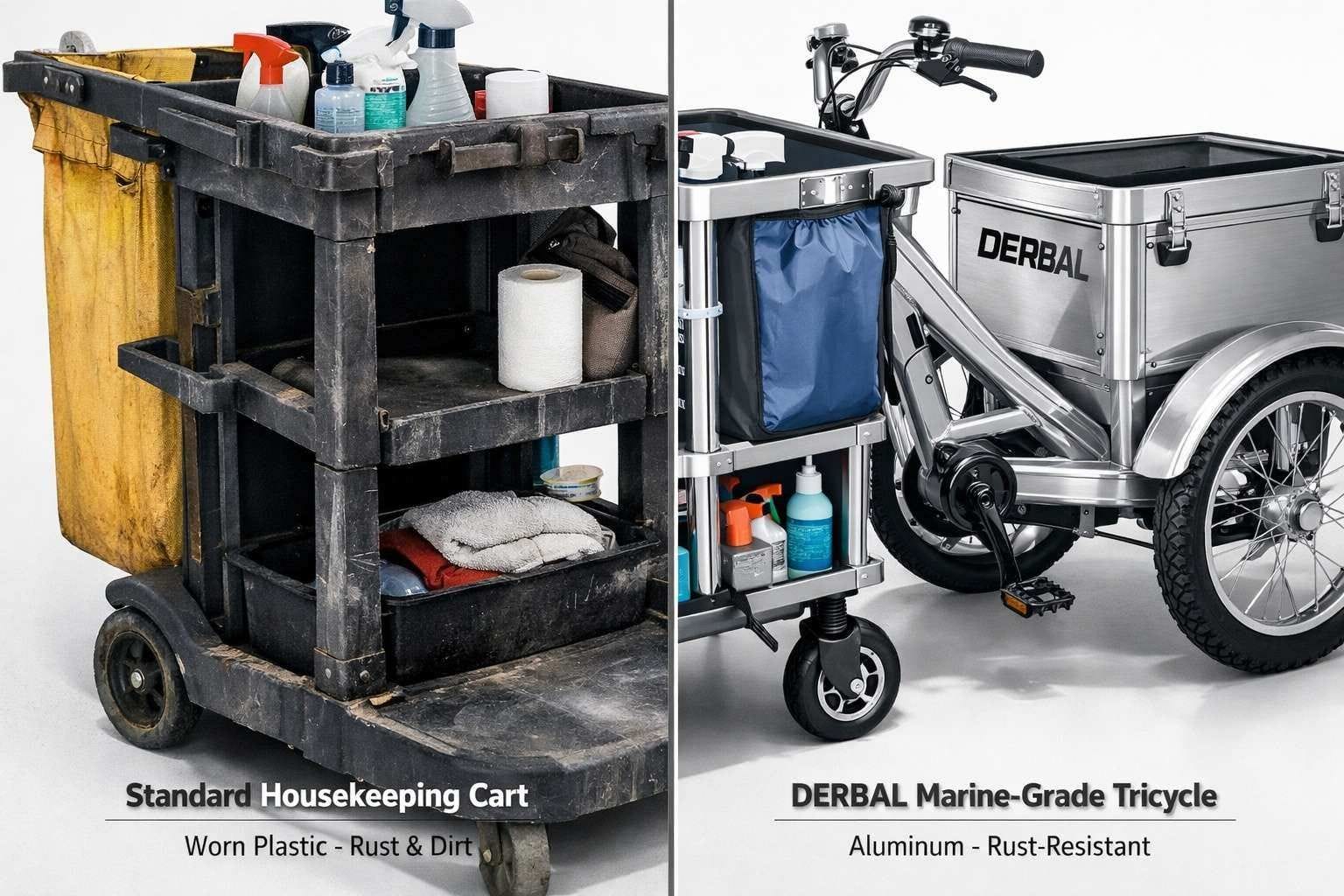 Detailed comparison of a worn plastic housekeeping cart versus a durable DERBAL marine-grade aluminum tricycle.