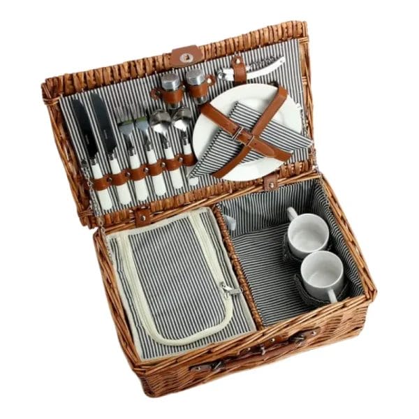 Close-up of metal twist-lock and rivet-fixed belts on a professional wicker picnic basket.