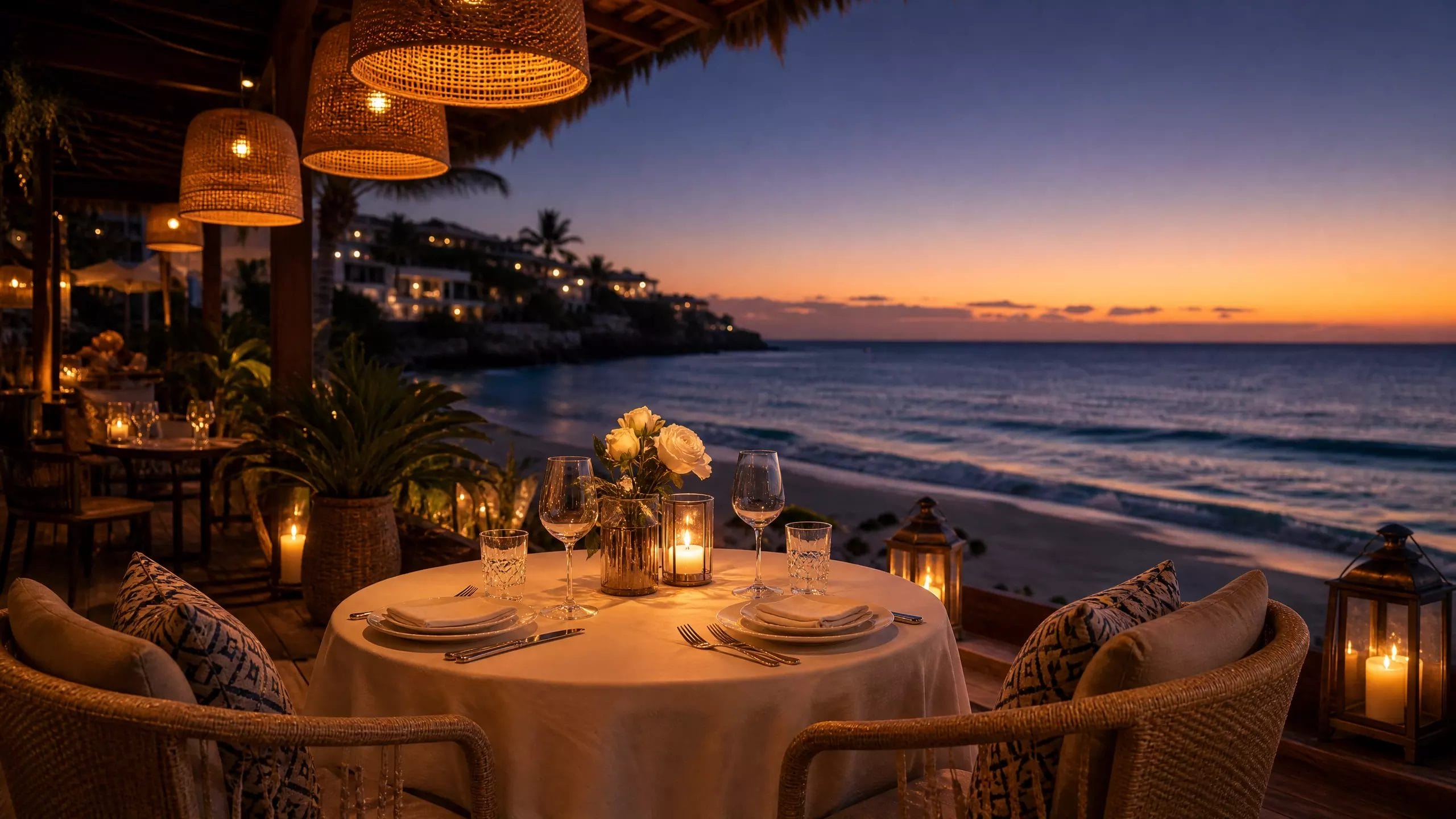 beach resort supplies island hotel amenities outdoor restaurant dining table candle evening setup luxury
