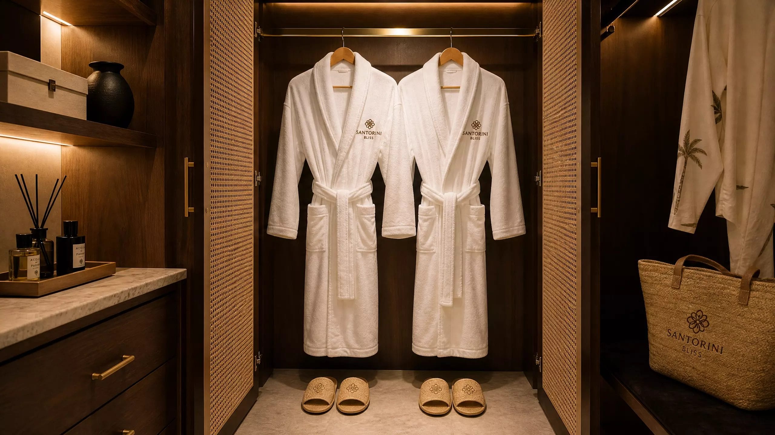 beach resort supplies island hotel amenities villa wardrobe bathrobe slippers neatly arranged branded luxury