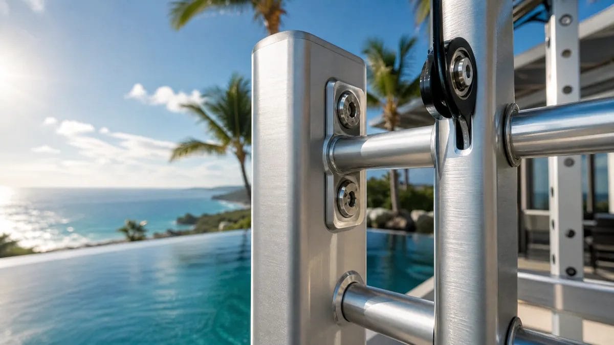 coastal hotel supplies anti-corrosion amenities poolside aluminium equipment ocean view infinity pool closeup