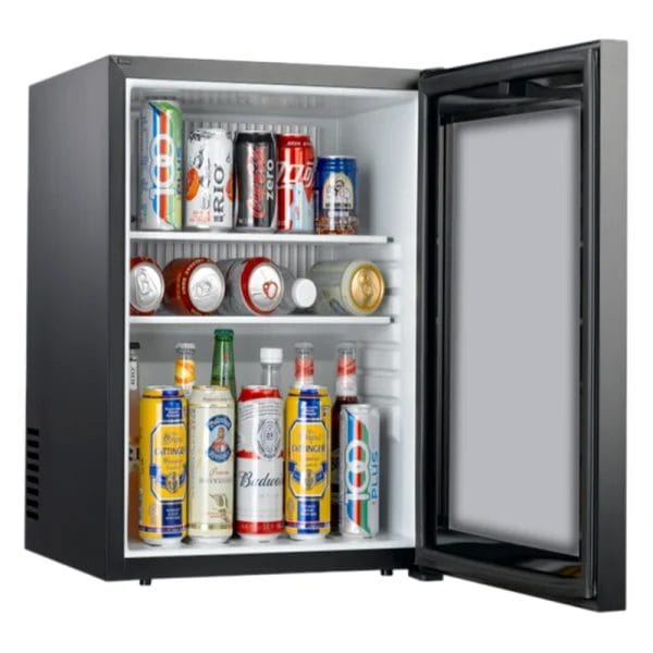 Interior of a 60L Absorption Mini Bar Fridge showing adjustable glass shelves.