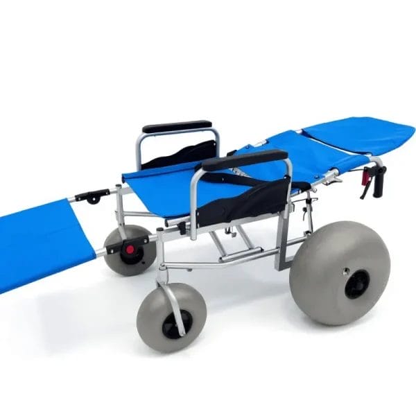 Close-up of the high-traction, low-pressure wheels on an Island Beach Sand Wheelchair designed to glide over soft sand.