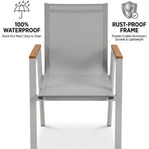 Weather-resistant aluminum Outdoor dining chairs and tables with teak wood grain finish.