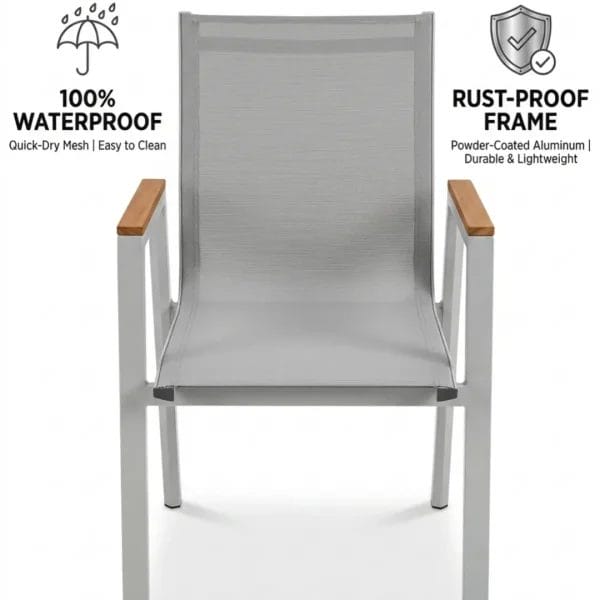 Weather-resistant aluminum Outdoor dining chairs and tables with teak wood grain finish.