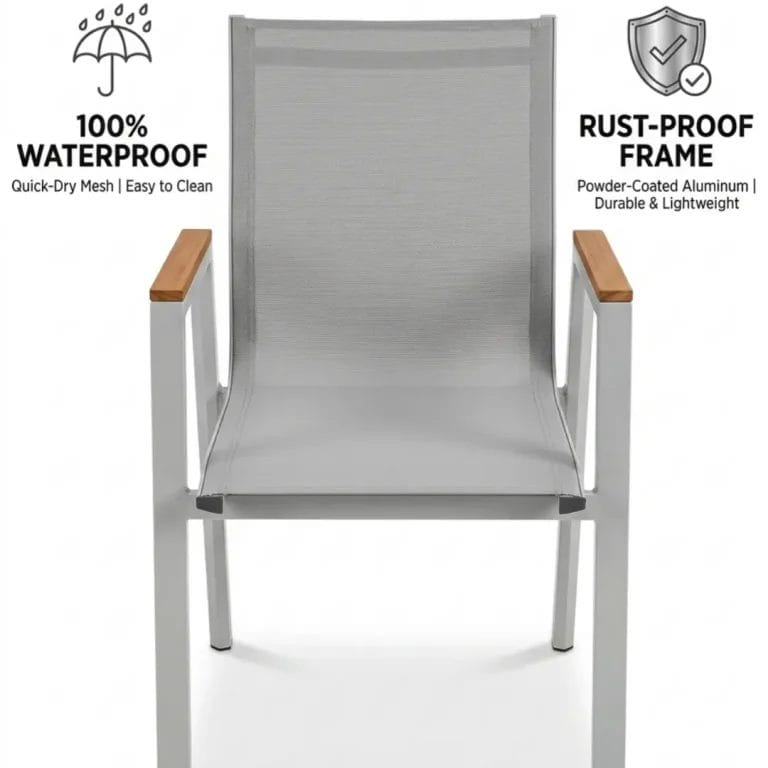 Weather-resistant aluminum Outdoor dining chairs and tables with teak wood grain finish.