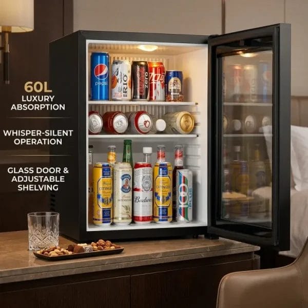 Built-in integration of an Absorption Mini Bar Fridge inside luxury hotel millwork.