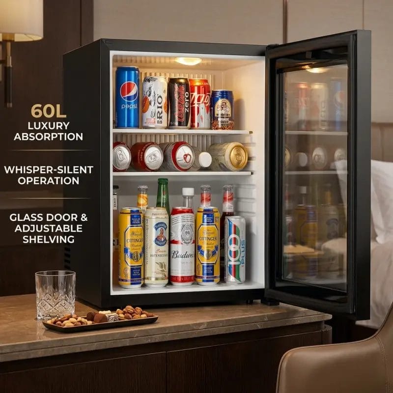 Built-in integration of an Absorption Mini Bar Fridge inside luxury hotel millwork.