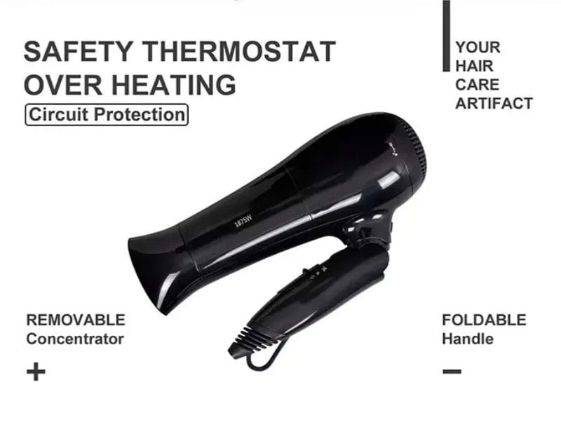 Focused air concentrator nozzle on a Hotel Hair Dryer with Spiral Cord.