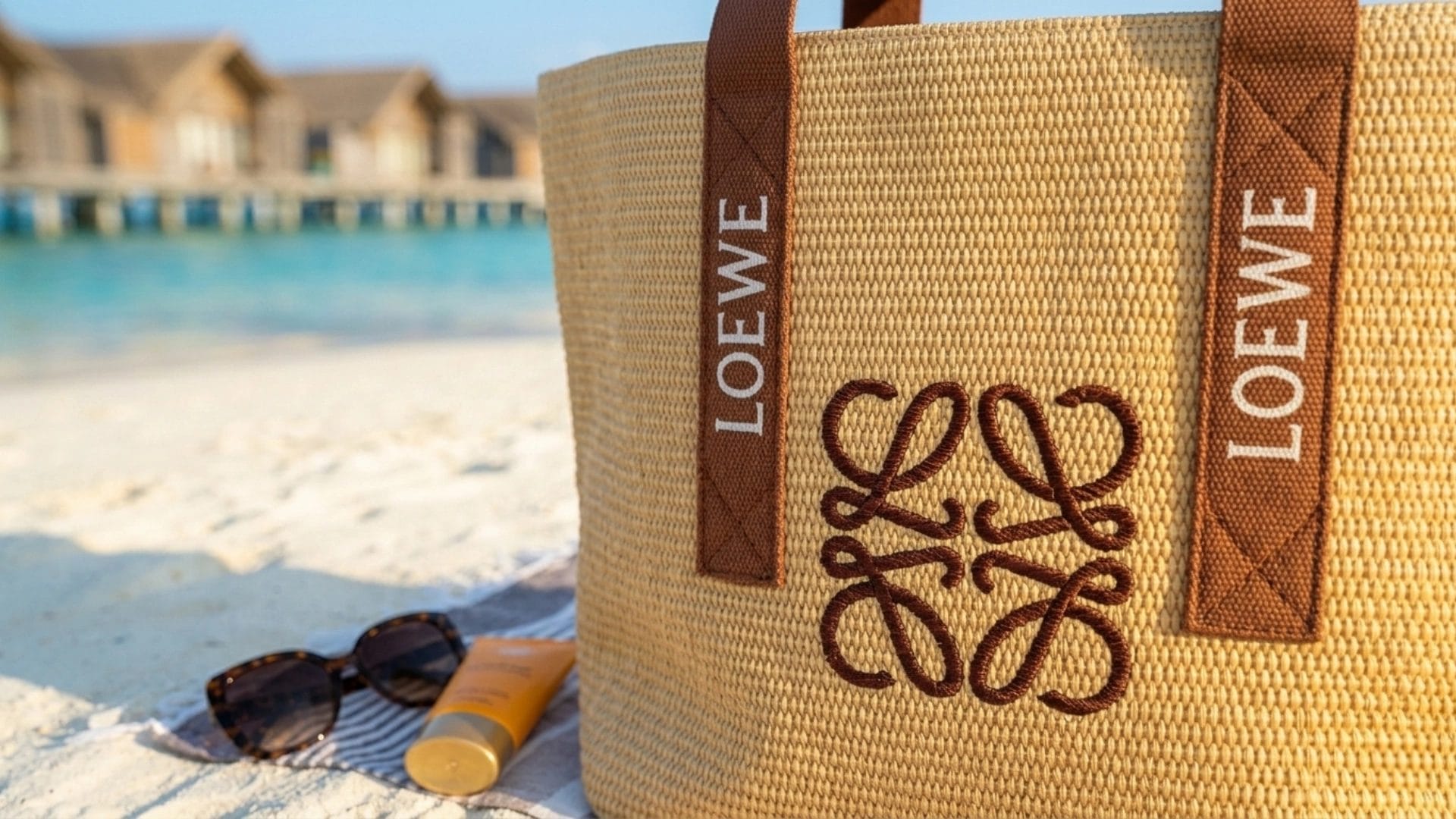 An OEM Beach Straw Tote Bag showcasing a custom-printed hotel logo, providing a branded guest experience for luxury properties in the Maldives and UAE.