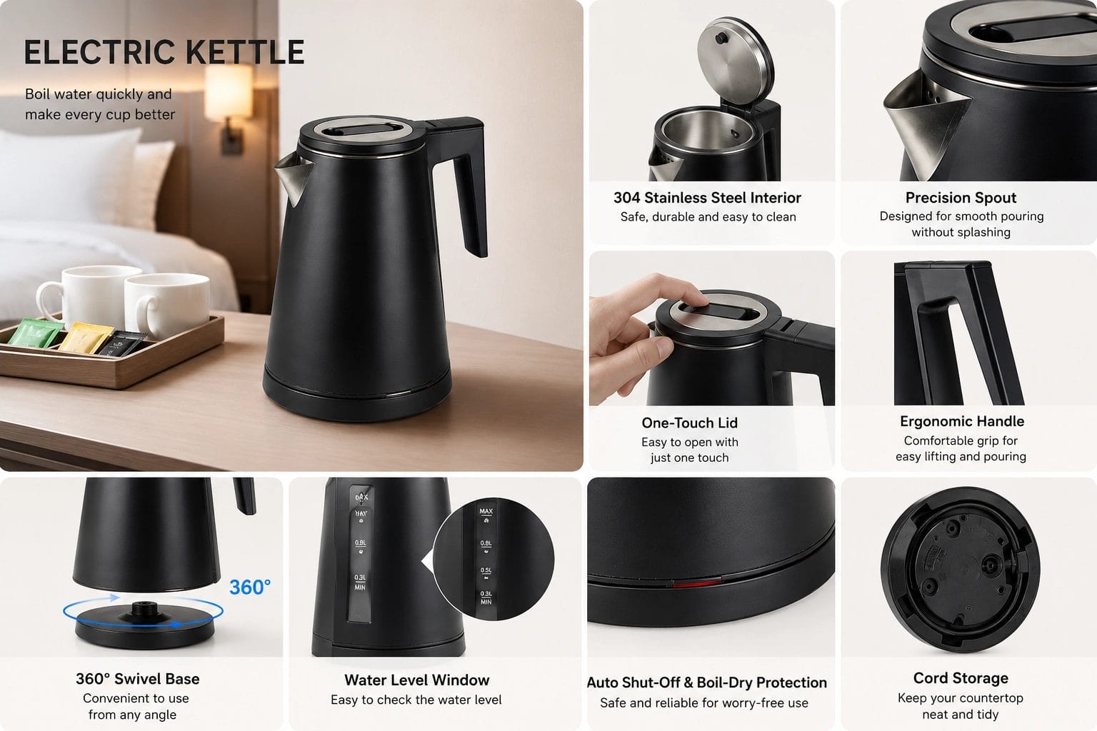 Hotel Guestroom Kettle featuring a custom hotel logo print.