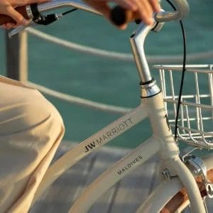 Bespoke resort logo branding on a white Rust Fighting Bike Beach Cruiser Bikes.