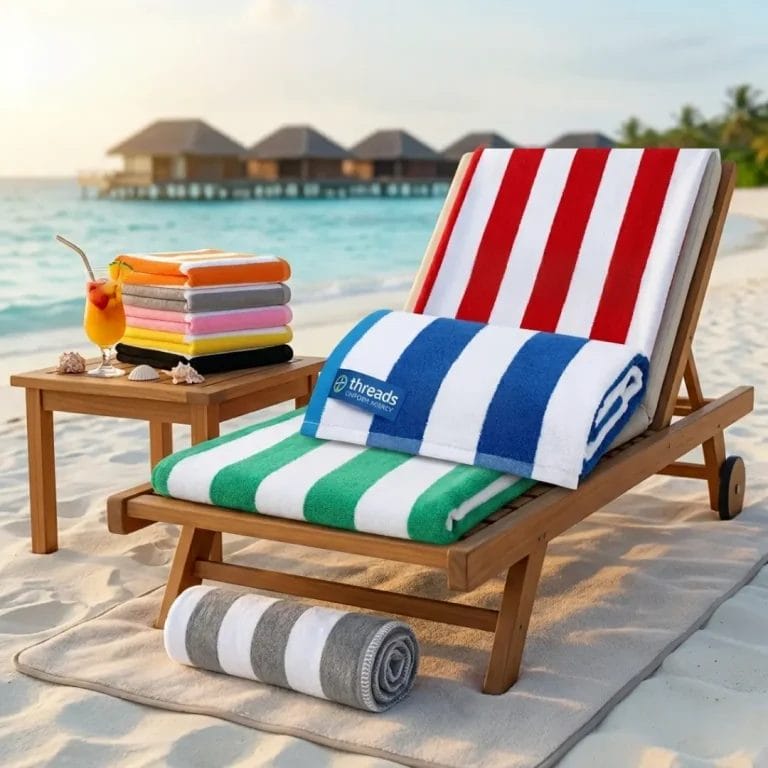 Custom woven jacquard logo on a luxury 100% cotton Beach Towel.