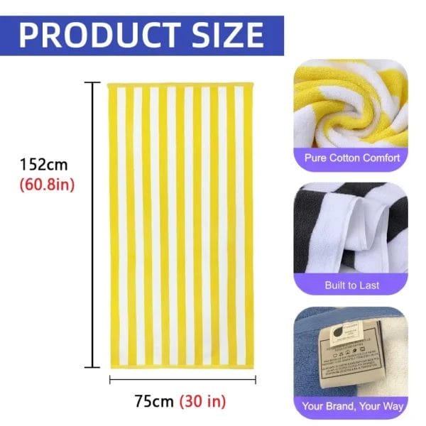Reinforced double-stitched lock-hems on a professional hotel Beach Towel.