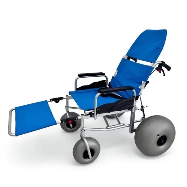 Folded Island Beach Sand Wheelchair with quick-release wheels and backrest for easy resort storage.