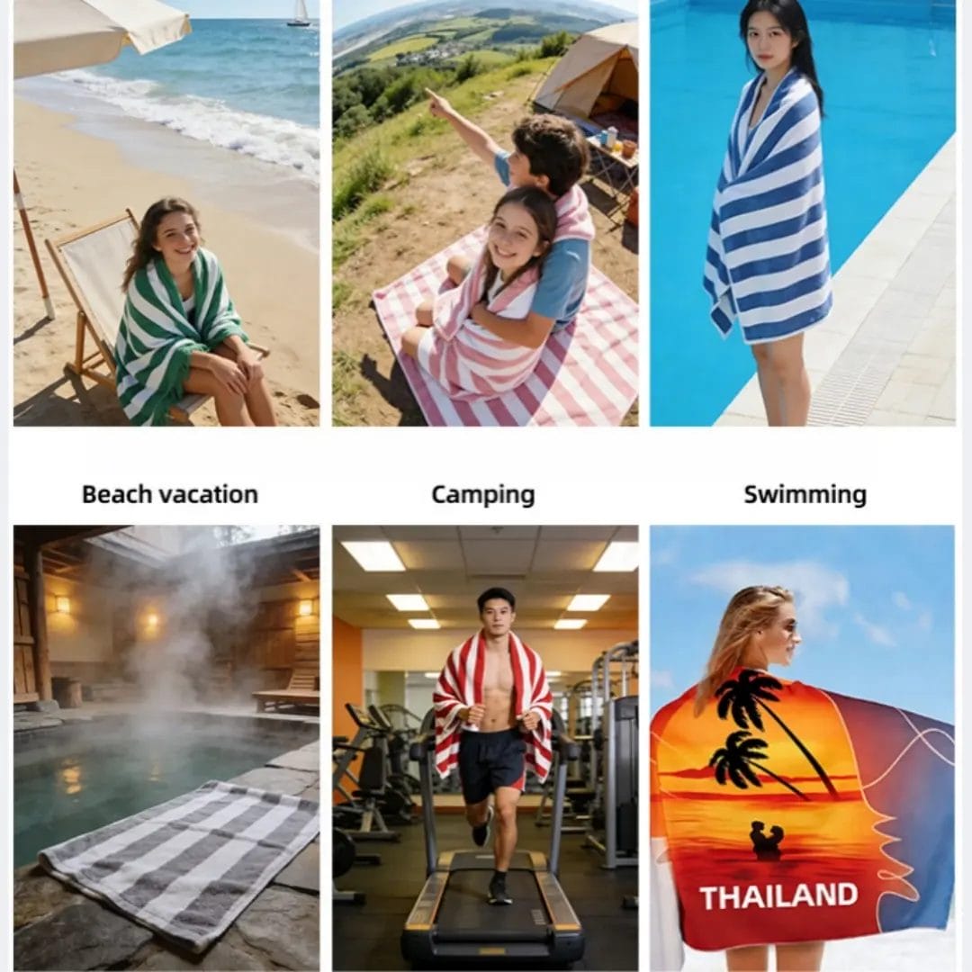 Thick, absorbent 700GSM Beach Towel draped over a poolside lounge chair.