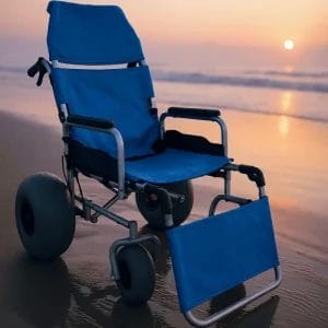 Island Beach Sand Wheelchair shown in a full 180-degree reclining position for maximum guest comfort.