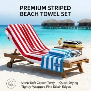 A plush DERBAL Beach Towel prepared on a wooden deck in a Maldives resort.
