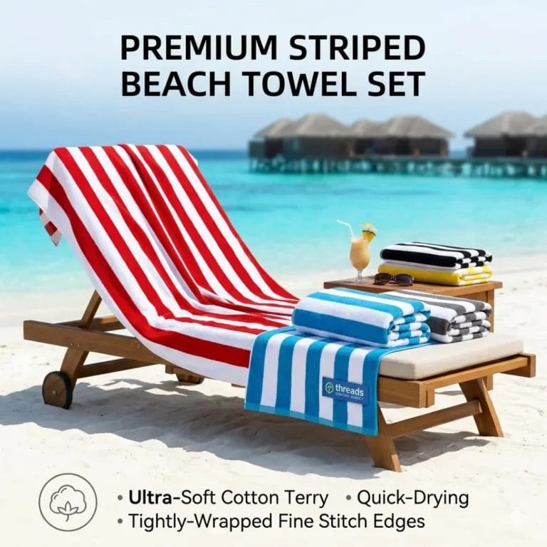 A plush DERBAL Beach Towel prepared on a wooden deck in a Maldives resort.