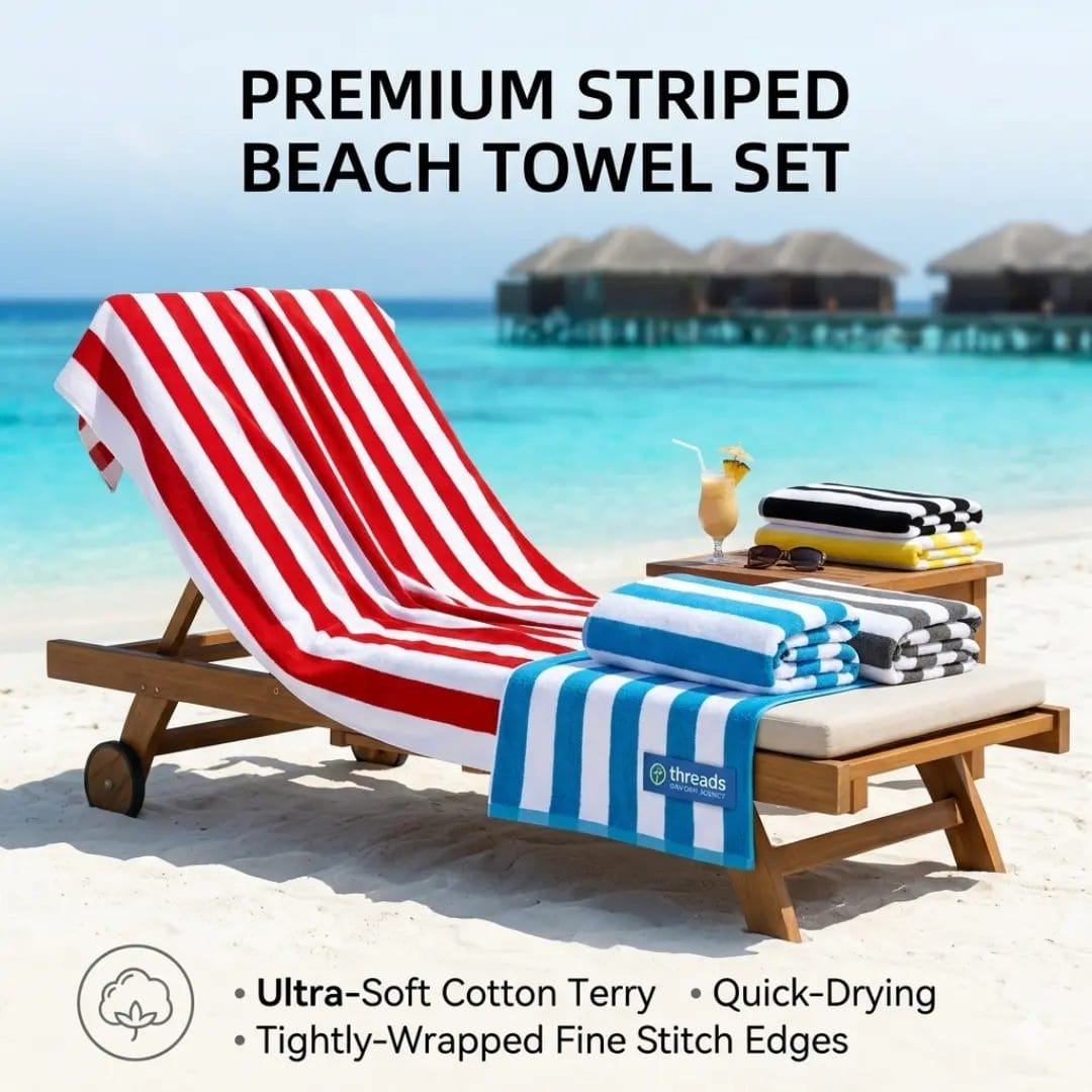 A plush DERBAL Beach Towel prepared on a wooden deck in a Maldives resort.