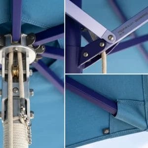 Close-up of the 4-pulley rope system on Sunbrella Beach Sun Shade Sun Umbrellas.