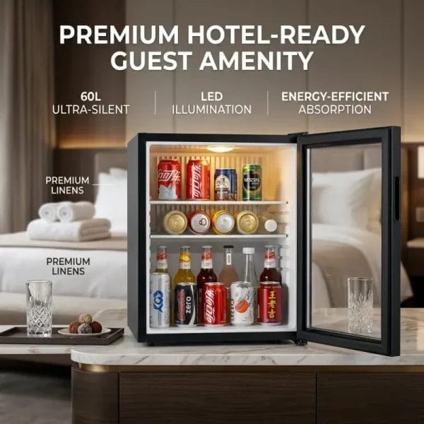 Professional reversible door hinge detail on a hotel Absorption Mini Bar Fridge.