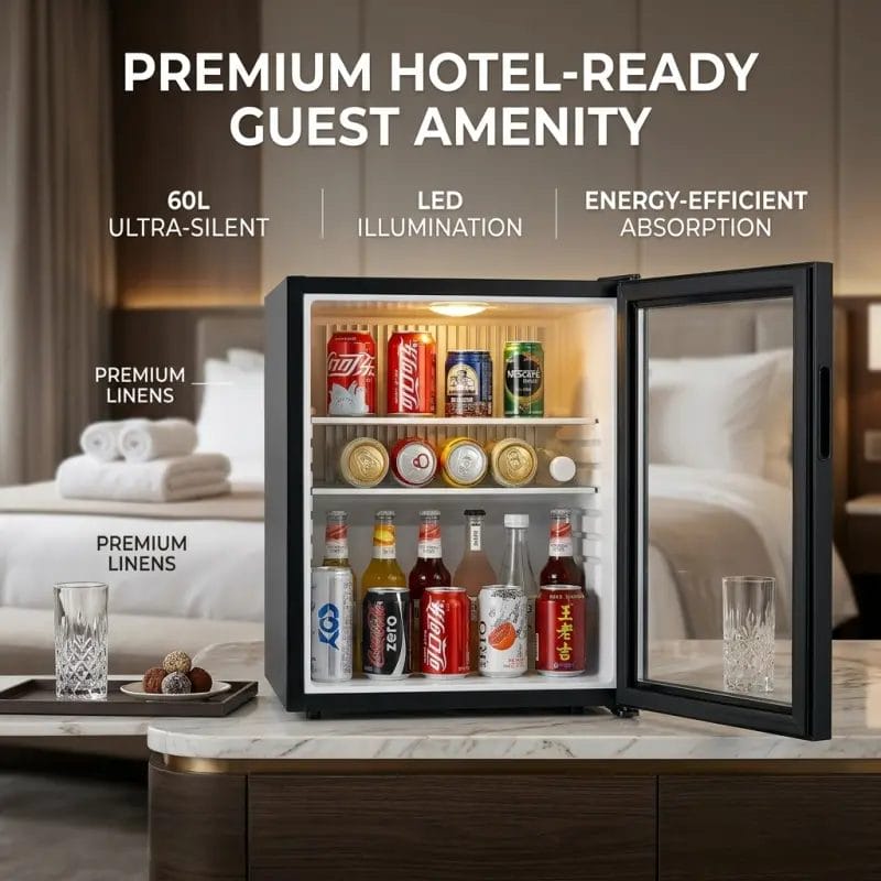 Professional reversible door hinge detail on a hotel Absorption Mini Bar Fridge.