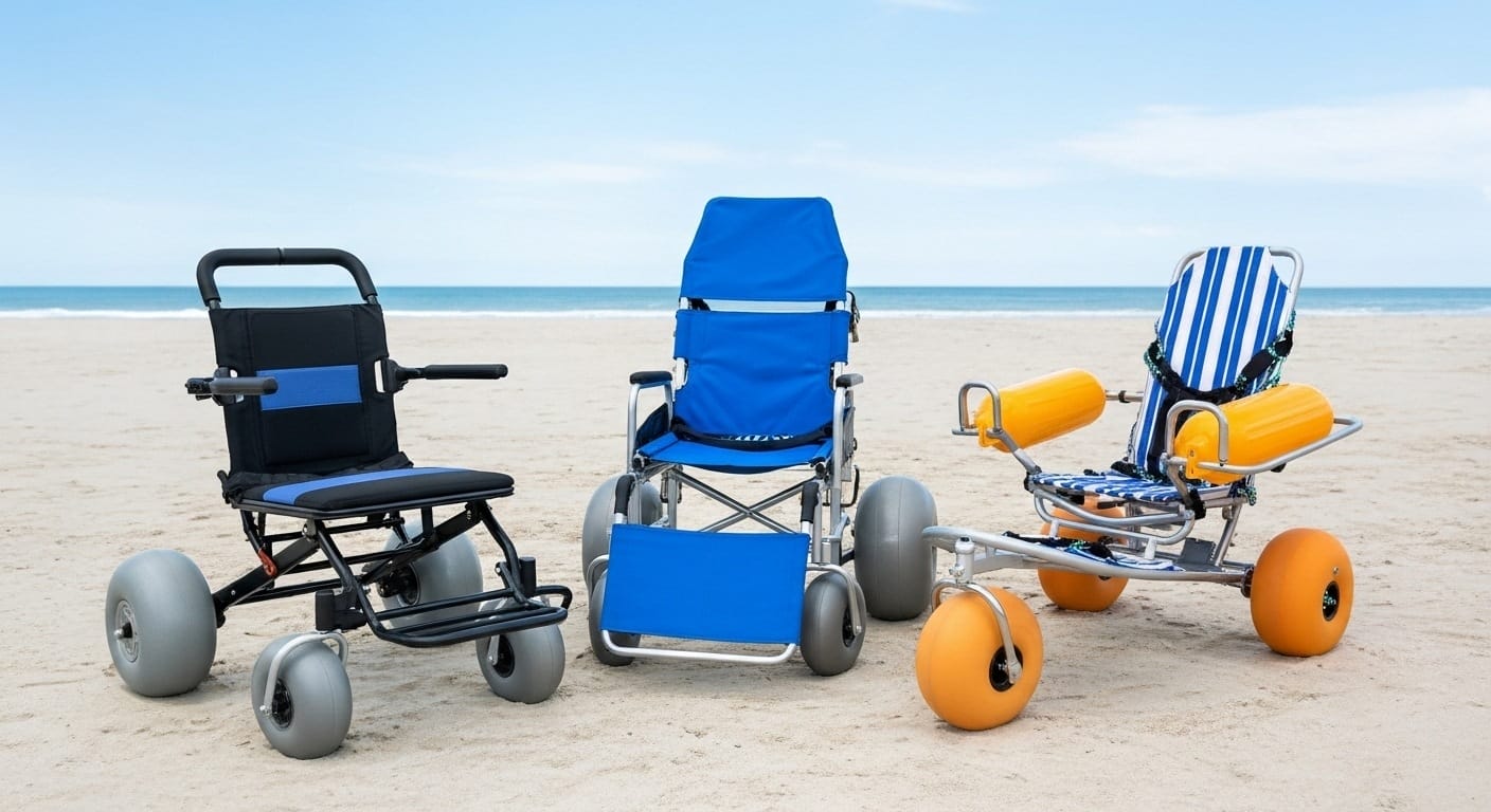 The secure locking and braking mechanism on the rear wheels of an Island Beach Sand Wheelchair.