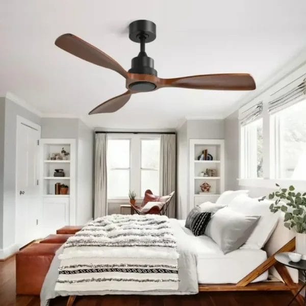 Close-up of the moisture-resistant solid paulownia wood blades on a Wooden Ceiling Fan.