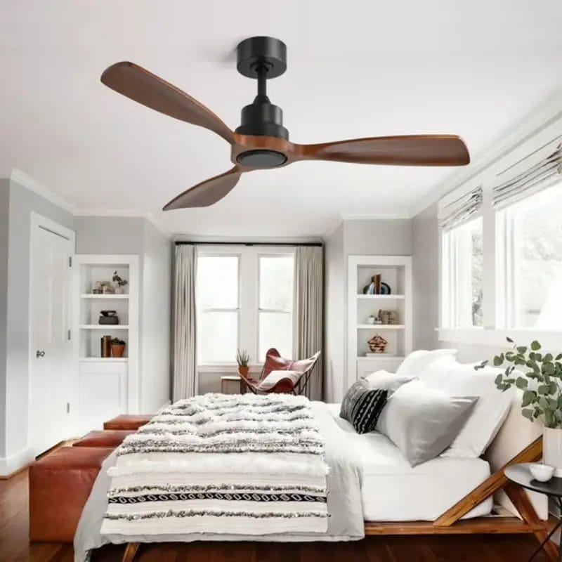 Close-up of the moisture-resistant solid paulownia wood blades on a Wooden Ceiling Fan.