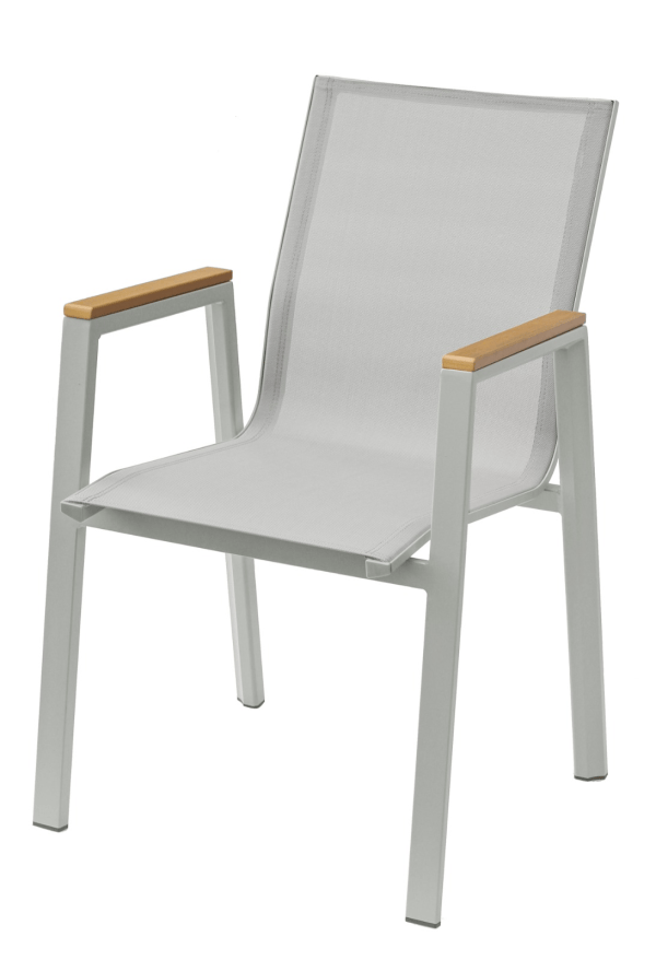 Stackable aluminum Outdoor dining chairs for space-saving resort storage.
