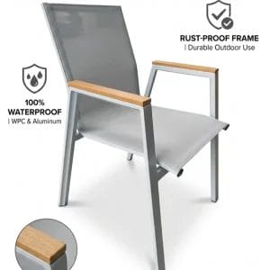 Recyclable poly-wood material used in eco-conscious Outdoor dining chairs and tables.
