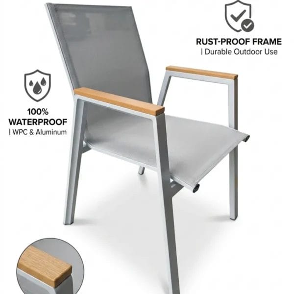 Recyclable poly-wood material used in eco-conscious Outdoor dining chairs and tables.