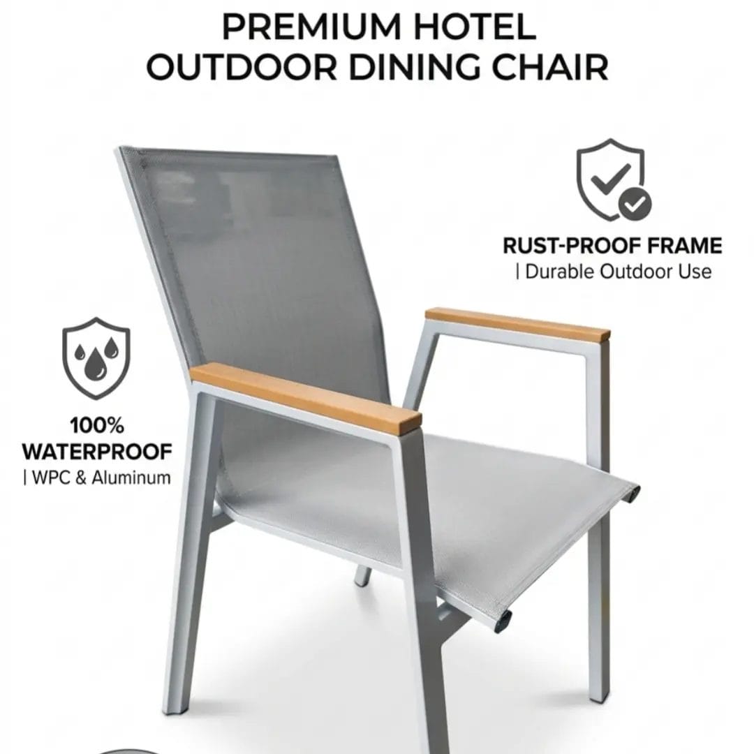 Fully welded aluminum frame construction for heavy-duty Outdoor dining chairs and tables.