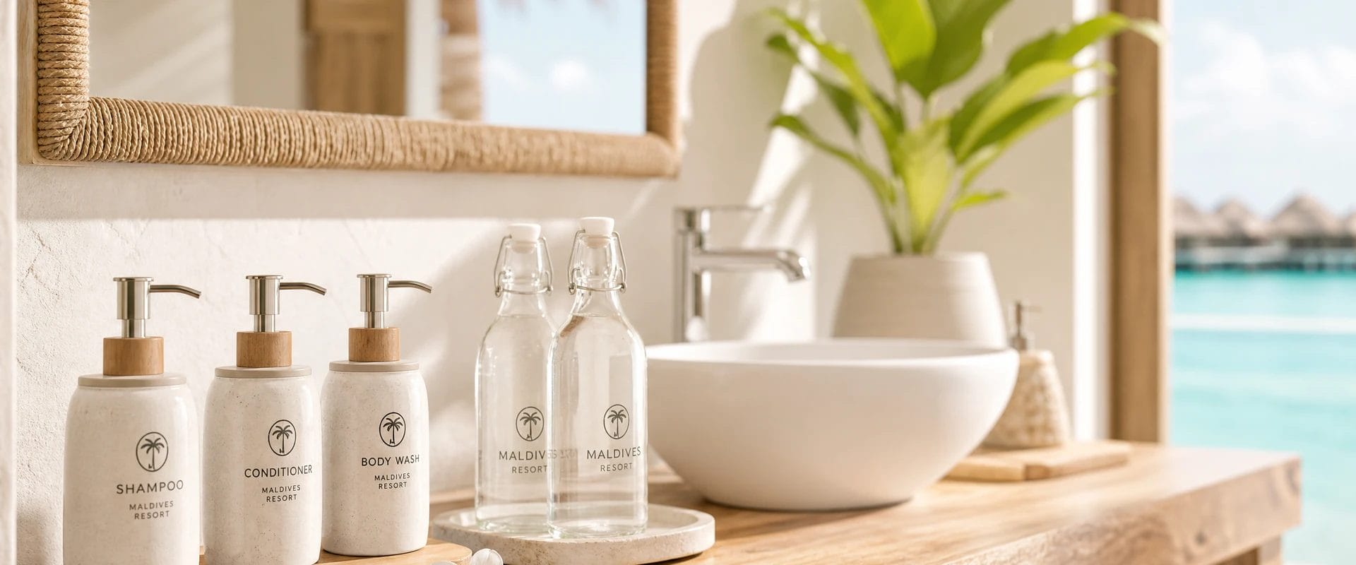 Luxury resort bathroom with ceramic amenity dispensers and borosilicate glass water bottles, emphasizing zero-waste hospitality